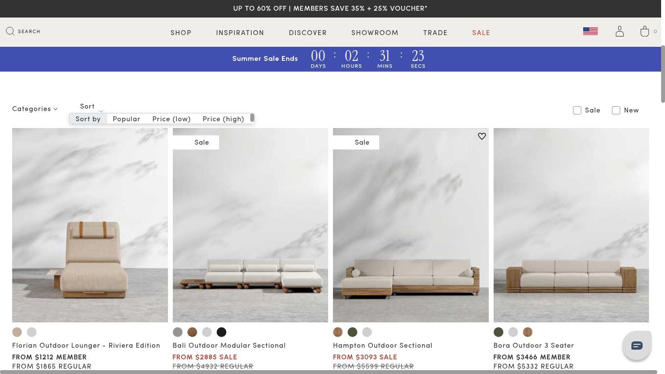 Rove Concepts outdoor collection showing sale prices and member prices.